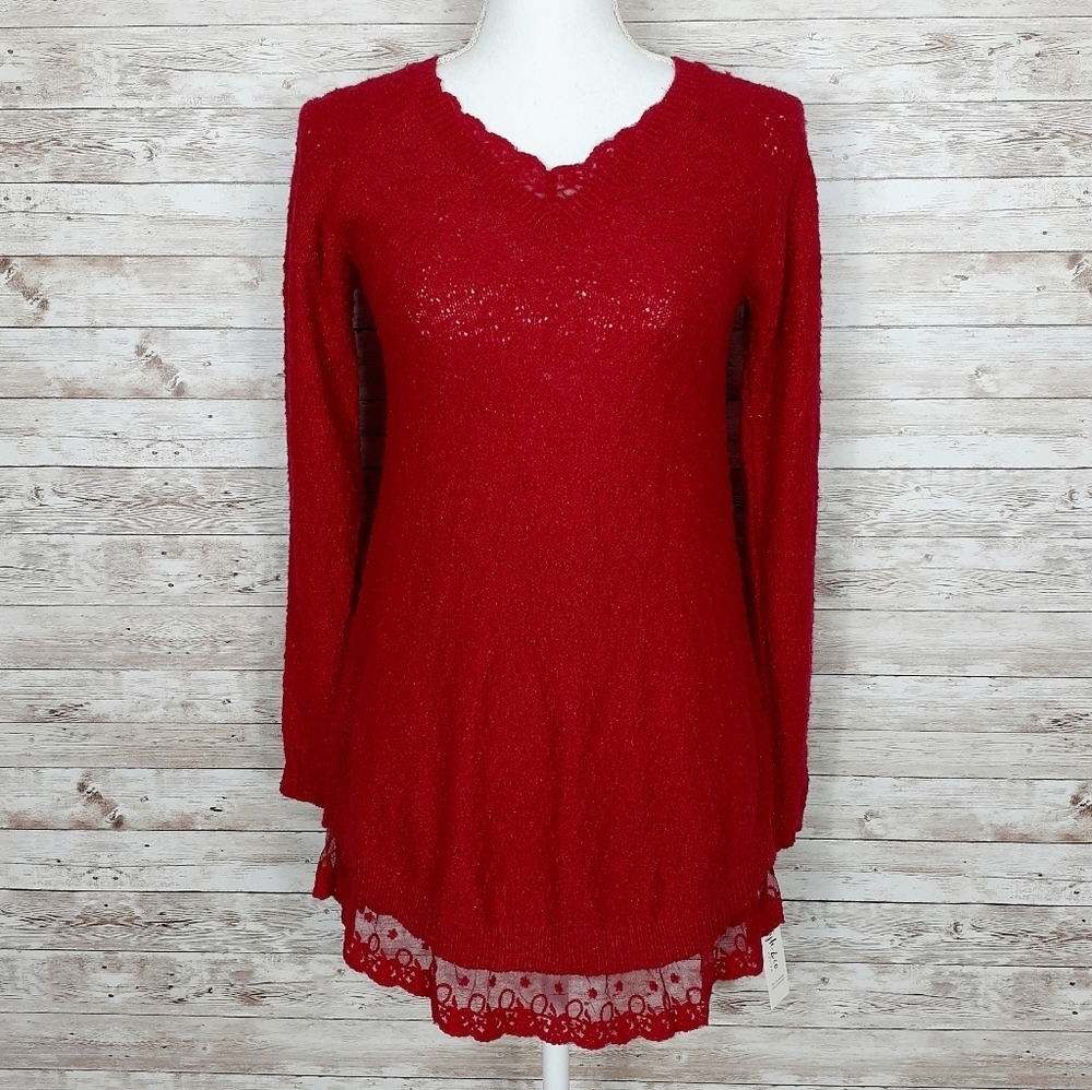 Style & Co Red Sweater Lace Hem 288
